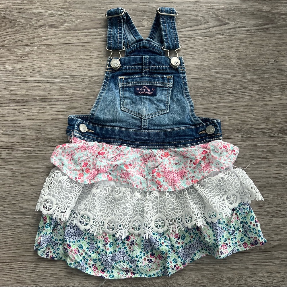 Jordache Girls Adjustable Coverall Dress Ruffle Lace Denim Flower Size 3t